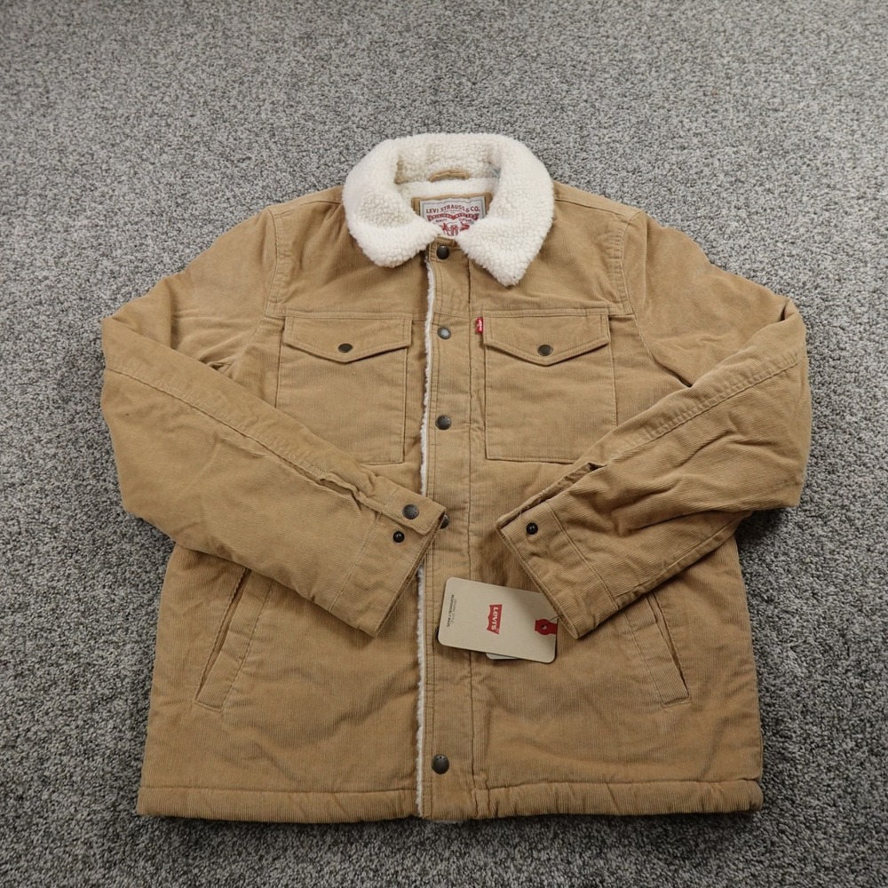 NEW Levis Jacket Mens S Beige Corduroy Sherpa Lined Trucker Snap Zip Coat